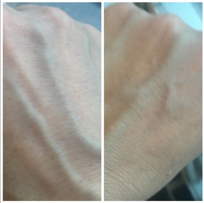 Links zonder primer en foundation, rechts met beiden.