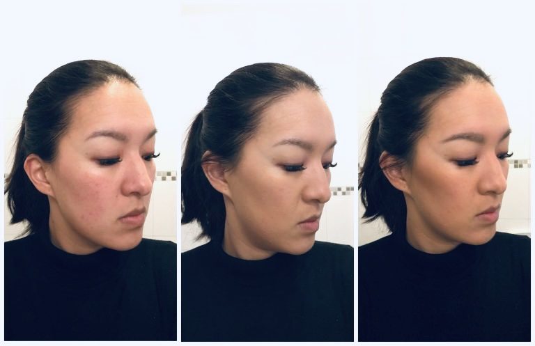 Su links zonder foundation, midden met foundation en rechts met foundation en blusher
